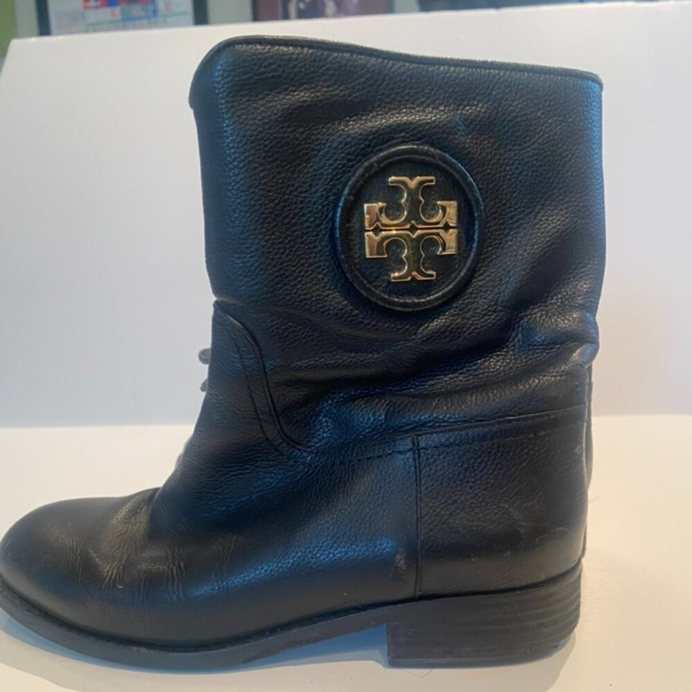 Tory Burch Boots Women Black Logo Hallie Mid Shaft Leather S/N 31424 size 6m
